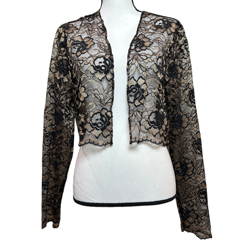 Vintage Lace Bolero Jacket Womens 14 Black Gold Metallic Floral Shrug Sheer Chic